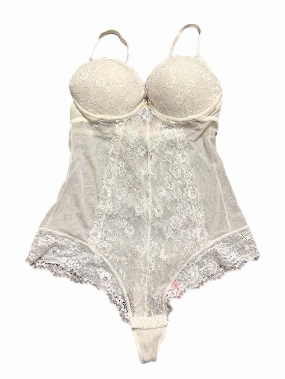 90s/Y2K European Vintage Lace & Mesh Panel Thong Bodysuit (Ivory/White) Size M/L